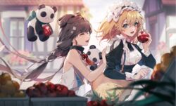  2girls apple apron centaureissi_(neural_cloud) chanzhi_(neural_cloud) food fruit g36_(girls&#039;_frontline) girls&#039;_frontline girls&#039;_frontline_neural_cloud hair_ornament highres holding holding_food holding_fruit kuuus long_hair maid_apron maid_headdress multiple_girls open_mouth qbu-88_(girls&#039;_frontline) running sleeveless smile stuffed_animal stuffed_panda stuffed_toy third-party_source upper_body 