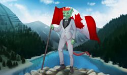  5_fingers anonymous_artist anthro canada canada_day canadian canadian_flag claws clothed clothing crown fingers flag flag_(object) footwear fur green_body green_fur grin headgear hi_res holding_flag holding_object holidays horn humanoid leotoefinger looking_at_viewer male maple_leaf mountain outside plant red_eyes river smile solo standing tree 