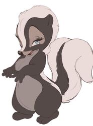  2021 anthro bambi_(film) black_body black_fur black_nose blue_eyes conditional_dnp disney flower_(bambi) fur hi_res looking_at_viewer mammal mephitid open_mouth semi-anthro simple_background skunk solo standing tohupo tongue white_background 