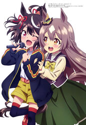  2girls :d ;d absurdres animal_ears bow bowtie brown_hair hair_ribbon highres horse_ears horse_girl horse_tail kitasan_black_(umamusume) long_hair magazine_scan megami_magazine microphone multiple_girls music official_art one_eye_closed open_mouth pink_eyes red_eyes red_ribbon ribbon satono_diamond_(umamusume) scan simple_background singing smile tail thighhighs tsuji_tomoko umamusume very_long_hair white_background yellow_bow 