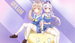  2girls absurdres ayanami_(azur_lane) ayanami_(grade_a_sailor_uniform)_(azur_lane) azur_lane choker copyright_name detached_sleeves full_body grey_eyes grey_hair hair_ornament hairclip hat headgear highres kokitsune laffey_(azur_lane) laffey_(bunny_clerk?)_(azur_lane) long_hair looking_at_viewer manjuu_(azur_lane) multiple_girls navel objectification official_alternate_costume parted_lips pleated_skirt ponytail purple_eyes rabbit_hair_ornament retrofit_(azur_lane) school_hat school_uniform serafuku shoes sitting skirt smile thighhighs twintails white_thighhighs zettai_ryouiki 