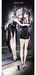  2girls absurdres alternate_costume alver animal_ears arknights bare_legs black_choker black_dress black_hair black_skirt character_name choker closed_mouth colored_inner_hair crop_top dress feet full_body grey_hair hair_between_eyes high_heels highres lappland_(arknights) leaning_forward legs long_hair long_sleeves looking_at_viewer material_growth multicolored_hair multiple_girls oripathy_lesion_(arknights) pink_hair sandals skirt smile standing strappy_heels tail texas_(arknights) toe_cleavage toenails toes very_long_hair wolf_ears wolf_girl wolf_tail yellow_eyes 