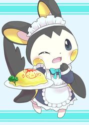  2019 alternative_fashion black_body black_fur blush bow_(feature) bow_tie broccoli clothing daww emolga feral food fur generation_5_pokemon headgear headwear hi_res j-fashion kemono lolita_(fashion) maid_uniform mammal nintendo one_eye_closed open_mouth plant plate pokemon pokemon_(species) rodent sciurid solo standing uniform vegetable wadorigi white_body white_fur wink 