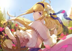  ahoge bare_shoulders basket bell blonde_hair commentary day dress female flower frilled_sleeves frills granblue_fantasy hair_bell hair_between_eyes hair_flower hair_ornament hair_ribbon hairband jeanne_d&#039;arc_(granblue_fantasy) long_hair looking_back nido_celisius petals pink_dress purple_eyes ribbon sky solo tree 