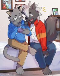  anthro bottomwear cellphone clothing cougar duo electronics felid feline felis hajime_tanaka_(odd_taxi) hand_on_shoulder hoodie jewelry luwei_(artist) male mammal mephitid necklace odd_taxi pants phone shun_imai_(odd_taxi) sitting skunk topwear 