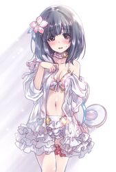  animal_ears bikini black_hair blush bow breasts cowboy_shot fake_animal_ears female flower granblue_fantasy hair_flower hair_ornament hairband highres kuroi_mimei mouse_(animal) mouse_on_shoulder navel red_eyes small_breasts solo swimsuit unworn_hairband vikala_(blooming_summer_wallflower)_(granblue_fantasy) vikala_(granblue_fantasy) 