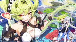  2girls ai-chan_(chrono_navi)_(honkai_impact) ai-chan_(honkai_impact) ai_hyperion_lamdba_(honkai_impact) black_dress black_skirt blue_eyes breasts character_name checkered_hairband commentary_request copyright_name dress fingerless_gloves gloves green_bracelet green_hair grey_hair hair_ornament hairband hairclip highres honkai_(series) honkai_impact_3rd large_breasts long_hair multiple_girls official_art official_wallpaper orange_eyes red_hair side_ponytail skirt theresa_apocalypse theresa_apocalypse_(twilight_paladin) thighhighs very_long_hair white_gloves white_thighhighs 