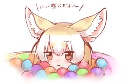  :3 animal_ear_fluff animal_ears ball_pit black_hair blonde_hair blush commentary_request female fennec_(kemono_friends) fox_ears fox_girl highres kemono_friends kemono_friends_pavilion mitorizu_02 multicolored_hair short_hair sidelocks solo translated white_hair 