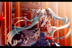  :d absurdly_long_hair absurdres autumn_leaves black_bow blue_eyes blue_hair bow commentary female floating_hair fushimi_inari_taisha hair_between_eyes hairbow hatsune_miku highres japanese_clothes kimono leaf letterboxed long_hair long_sleeves looking_at_viewer maple_leaf multiple_torii open_mouth outdoors photoshop_(medium) smile so_tsubasa solo standing torii very_long_hair vocaloid wide_sleeves 