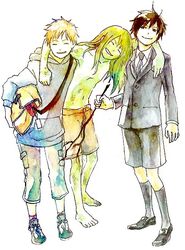  3boys barefoot black_hair brown_hair closed_eyes colored_skin darren_shan evra_von formal green_skin hood hug long_hair monster_boy multiple_boys necktie painting_(medium) sam_grest short_hair shorts smile suit the_saga_of_darren_shan traditional_media vampire vio82 watercolor_(medium) 