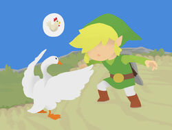  1boy arms_up belt bird black_eyes blonde_hair blue_sky brown_footwear chicken commentary crossover cucco day english_commentary faceless faceless_male from_behind goose goose_(untitled_goose_game) grass green_headwear green_shirt hat highres leggings link long_sleeves male_focus minimalism niko_geyer outdoors pointy_ears shield shield_on_back shirt shoes short_hair sky sword the_legend_of_zelda the_legend_of_zelda:_the_wind_waker toon_link tunic untitled_goose_game weapon white_legwear 