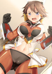  bare_shoulders blue_eyes blush cosplay female gloves hair_ornament headgear headphones hiei_(kancolle) highres kantai_collection looking_at_viewer navel open_mouth photoshop_(medium) senki_zesshou_symphogear short_hair solo tachibana_hibiki_(symphogear) tachibana_hibiki_(symphogear)_(cosplay) yasume_yukito 