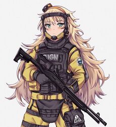  blonde_hair blue_eyes body_armor bulletproof_vest cosplay fabarm_sat-8 female gas_mask gign girls&#039;_frontline gloves gun korean_commentary lion_(rainbow_six_siege) long_hair mask persocon93 rainbow_six_siege s.a.t.8_(girls&#039;_frontline) shotgun solo tactical_clothes weapon 