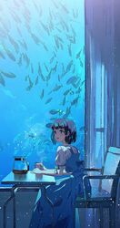  agas_(vpwt7475) black_hair blue_eyes blunt_bangs blunt_ends chair coffee_pot dress female fish highres long_skirt open_mouth original short_hair short_sleeves sitting skirt solo table 