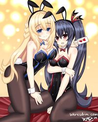  2girls absurdres animal_ears bare_shoulders black_hair black_leotard black_pantyhose blonde_hair blue_eyes blush braid breasts card cleavage closed_mouth english_commentary fake_animal_ears fake_tail feet_out_of_frame hair_between_eyes hair_ornament highres holding holding_card large_breasts leotard long_hair looking_at_viewer medium_breasts multiple_girls neptune_(series) noire_(neptunia) open_mouth pantyhose playboy_bunny rabbit_ears rabbit_tail red_eyes smile strapless strapless_leotard tail twintails vert_(neptunia) very_long_hair web_address weresdrim wrist_cuffs 