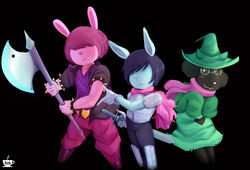  anthro arthur_(series) axe belt blush bzeh canid canine canis clothing crossover deltarune domestic_dog eyewear female fern_walters glasses group heart_symbol jacket kris_(deltarune) ladonna_compson lagomorph leporid long_sleeves mammal melee_weapon molly_macdonald pose rabbit ralsei scarf susie_(deltarune) sweater sword topwear undertale_(series) weapon 