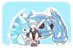  1boy alolan_sandslash blush bracelet closed_eyes closed_mouth commentary_request grey_hair ittumozzz jewelry male_focus metagross necklace official_alternate_costume pokemon pokemon_(creature) pokemon_masters_ex ring sandals short_hair shorts sitting smile spiked_hair steven_stone steven_stone_(summer_2020) sunglasses undershirt 