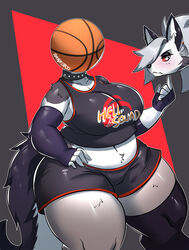  anthro ball basketball_(ball) big_breasts breasts canid canid_demon canine canis decapitation demon domestic_dog female headless headlessfurryedits hellhound helluva_boss hi_res husky hybrid loona_(helluva_boss) mammal mirrored_text mythological_canine mythological_creature mythology nordic_sled_dog ocaritna overweight overweight_female severed_body_part severed_head signature solo spitz tagme third-party_edit wolf 