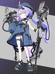  antenna_hair bare_shoulders blue_footwear blue_headwear blue_jacket brown_eyes closed_mouth commentary_request diagonal_stripes en@rain female highres holding jacket long_hair long_sleeves looking_at_viewer low_ponytail original ponytail puffy_long_sleeves puffy_sleeves purple_hair shirt shoes short_shorts shorts single_hair_intake single_sleeve sleeveless sleeveless_shirt solo striped striped_background very_long_hair white_shirt white_shorts 