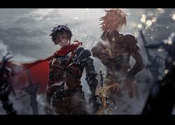  2boys armor back-to-back battlefield belt black_eyes black_hair blonde_hair blurry blurry_foreground cape clawed_gauntlets closed_mouth cloud cloudy_sky gauntlets grey_sky gyudong123 hand_on_own_hip heterochromia highres korean_commentary letterboxed male_focus multiple_boys muscular muscular_male orange_eyes original outdoors pauldrons planted planted_sword red_cape shoulder_armor sky sword torn_cape torn_clothes vambraces weapon 