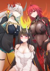  3girls ahoge arm_armor armor armored_boots armored_leotard asymmetrical_horns azur_lane bare_shoulders black_armor black_dress black_footwear black_gloves black_hair black_jacket blush bodystocking boobplate boots breasts cleavage closed_mouth collar collarbone commentary_request commission covered_navel crossed_arms crossover dragon_girl dragon_horns dress earrings embarrassed fire flying_sweatdrops gloves goddess_of_victory:_nikke hair_between_eyes hair_on_horn hair_ornament hairclip hakuryuu_(azur_lane) hand_on_own_knee highres horns jacket jewelry large_breasts long_hair long_sleeves looking_at_another mismatched_horns momijizuki_luna multiple_girls multiple_horns nihilister_(nikke) noshiro_(azur_lane) noshiro_(cozy_enclave)_(azur_lane) off_shoulder official_alternate_costume oni_horns parted_lips pelvic_curtain pixiv_commission pleated_dress purple_eyes red_background red_eyes red_hair red_horns see-through see-through_cleavage shirt sidelocks sitting skindentation smile standing tassel tassel_earrings thigh_strap very_long_hair wariza white_eyes white_hair white_horns white_shirt 