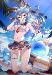  animal_ears armpits assisted_exposure bare_shoulders beach belt bikini bikini_skirt blue_hair blue_skirt blue_sky blush breasts brown_eyes cleavage cloud day earrings erune female ferry_(granblue_fantasy) ferry_(summer)_(granblue_fantasy) frilled_skirt frills fugee_(granblue_fantasy) geegee_(granblue_fantasy) granblue_fantasy hair_between_eyes high_ponytail innertube jewelry kneeling long_hair looking_at_viewer loose_belt medium_breasts navel nicola_(granblue_fantasy) official_alternate_costume open_mouth outdoors palm_tree photoshop_(medium) ponytail sawashi_(ur-sawasi) single_earring skirt sky solo swim_ring swimsuit thigh_strap tree wavy_hair white_bikini 