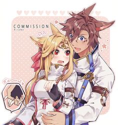  1boy animal_ears artist_name black_gloves blue_eyes blush breasts brown_hair commentary commission facial_mark female final_fantasy final_fantasy_xiv fingerless_gloves fox_ears gloves hair_between_eyes hair_ribbon heart hug jacket large_breasts long_hair looking_at_another miqo&#039;te open_mouth red_eyes red_ribbon ribbon rirene_rn short_hair uniform warrior_of_light_(ff14) white_jacket 