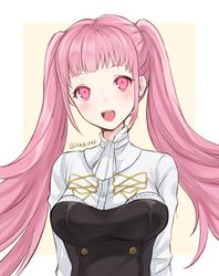  akina_(akn_646) female fire_emblem fire_emblem:_three_houses garreg_mach_monastery_uniform hilda_valentine_goneril long_hair open_mouth pink_eyes pink_hair simple_background solo twintails twitter_username uniform upper_body 