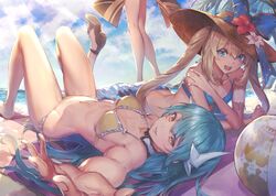  3girls ball beach beachball bikini blue_eyes blue_hair breasts commentary_request day fate/grand_order fate_(series) hat horns kiyohime_(fate) kiyohime_(swimsuit_lancer)_(fate) kiyohime_(swimsuit_lancer)_(first_ascension)_(fate) long_hair lying marie_antoinette_(fate) marie_antoinette_(swimsuit_caster)_(fate) marie_antoinette_(swimsuit_caster)_(third_ascension)_(fate) medium_breasts multiple_girls navel on_back on_stomach oukawa_yuu outdoors reaching reaching_towards_viewer sun_hat swimsuit twintails ushiwakamaru_(fate) ushiwakamaru_(swimsuit_assassin)_(fate) ushiwakamaru_(swimsuit_assassin)_(third_ascension)_(fate) white_hair yellow_eyes 