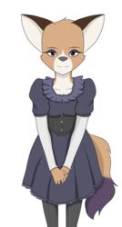  anthro black_eyes boots canid canine clothed clothing corset dress eyelashes footwear fox fur hand_holding hi_res lingerie looking_at_viewer male mammal multicolored_body multicolored_fur qunteki simple_background smile solo standing tabithia_knight thin_eyebrows three_lesbians_in_a_barrow topwear trans_(lore) trans_woman_(lore) white_background 