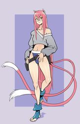  :&lt; alternate_hairstyle animal_ears ankle_boots blazblue blue_footwear blue_shorts boots casual cat_ears cat_tail commentary_request commission crop_top cropped_sweater extra_eyebrows female flat_chest full_body glasses hair_between_eyes hair_down holster izra kokonoe_(blazblue) legs long_hair long_legs long_sleeves micro_shorts midriff multiple_tails navel off-shoulder_sweater off_shoulder orange_eyes pince-nez pink_fur pink_hair purple_background shorts slit_pupils solo standing standing_on_one_leg sweater tail tall tall_female toeless_footwear toes two_tails very_long_hair very_long_tail 