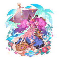  bird blue_hair cleo_(dragalia_lost) coconut coconut_tree dragalia_lost drink female flower full_body gradient_hair hair_ornament long_hair looking_at_viewer multicolored_hair non-web_source ocean official_art open_clothes open_skirt palm_tree petals pink_hair pout purple_eyes purple_hair saitou_naoki sandals skirt swimsuit transparent_background tree twintails unworn_sandals 