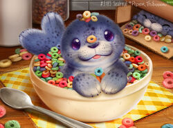  2022 ambiguous_gender blep bowl cereal_bowl cereal_box closed_eyes container cutlery digital_media_(artwork) digital_painting_(artwork) duo feral food froot_loops fur grey_body grey_fur jar kellogg&#039;s kitchen_utensils mammal marine pinniped piper_thibodeau place_mat purple_eyes seal spoon text tongue tongue_out tools whiskers white_body white_fur 