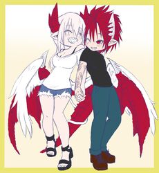  1boy bare_shoulders black_bra black_footwear black_shirt boots bra bra_strap breasts brown_footwear chibi cleavage closed_eyes couple demon_boy demon_girl demon_horns denim denim_shorts dragon_wings feathered_wings female holding_hands horns husband_and_wife jeans large_breasts long_hair lorem_(mazohaha) musuko_ga_kawaikute_shikatanai_mazoku_no_hahaoya nedgia1421 one_eye_closed pants red_eyes red_hair red_horns red_wings sandals scar shirt short_hair shorts sieg_(mazohaha) straight underwear white_hair white_horns white_shirt wings 