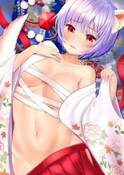  animal_ears blush breasts budget_sarashi collarbone commentary_request female floral_print grey_hair hakama hakama_short_skirt hakama_skirt hat inubashiri_momiji japanese_clothes kimono looking_at_viewer loose_skirt lying medium_breasts navel no_panties off_shoulder on_back open_clothes open_kimono orange_eyes print_kimono red_hat red_skirt sarashi short_hair single_bare_shoulder skirt solo tail tokin_hat touhou uemura_shun unworn_hat unworn_headwear white_kimono wolf_ears wolf_tail 