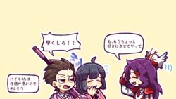  2boys ahoge anger_vein armor blood brown_hair closed_eyes closed_mouth commentary_request e.g.o_(project_moon) employee_(project_moon) female flying_sweatdrops grey_hair half-closed_eyes hand_to_own_mouth hatake_shimeji jacket lobotomy_corporation long_hair long_sleeves multiple_boys necktie open_mouth outline pink_jacket project_moon punishing_bird purple_hair red_necktie shirt short_hair shoulder_armor simple_background smile sweat translation_request white_jacket white_necktie white_outline white_shirt yellow_background 