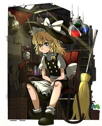  apron black_dress black_footwear blonde_hair book bookshelf bow bright_pupils broom chair commentary_request dress epic_armageddon female flask hair_ribbon hat hat_bow highres kirisame_marisa lamp looking_at_viewer mushroom partial_commentary plant potion potted_plant ribbon rocking_chair sitting solo stairs sunlight touhou waist_apron white_legwear white_pupils window witch_hat yellow_eyes 