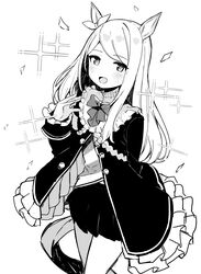  :d absurdres animal_ears blush bow commentary_request female frilled_jacket frilled_sleeves frills greyscale hajime_kaname hand_up highres horse_ears horse_girl horse_tail jacket long_hair long_sleeves looking_at_viewer mejiro_mcqueen_(umamusume) monochrome open_clothes open_jacket open_mouth petals pleated_skirt skirt sleeves_past_wrists smile solo sparkle swept_bangs tail umamusume 