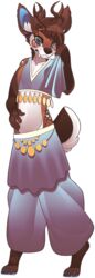  2021 5_fingers alpha_channel anthro belly_dancer blue_eyes brown_hair clothed clothing crossdressing deer digital_media_(artwork) ear_piercing ear_ring fingers hair hi_res horn looking_at_viewer male mammal navel piercing ring_piercing rudragon signature solo standing water_deer 