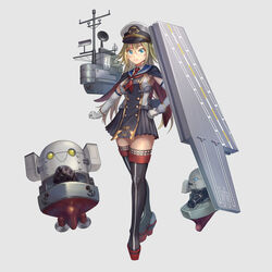  black_capelet black_skirt blonde_hair blue_eyes capelet clenched_hand elbow_gloves female frown full_body gatling_gun gloves gold_trim hat highres leyte_gulf_(steelblue_mirage) long_hair military_hat minigun platform_footwear pleated_skirt radar_dish robot sakumichi school_uniform serafuku simple_background skirt solo standing steelblue_mirage thighhighs warship_girls_r white_background white_gloves 