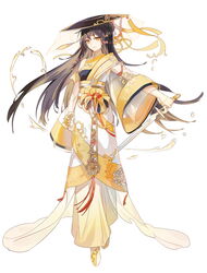  bare_shoulders black_hair black_hat breasts brown_eyes chinese_clothes chinese_commentary chrysanthemum_wine_(food_fantasy) closed_mouth commentary dress female food_fantasy fre_(haochilanzuo) full_body hair_between_eyes hat holding holding_sword holding_weapon light_smile long_hair long_sleeves medium_breasts official_art see-through see-through_sleeves simple_background sleeveless sleeveless_dress solo standing sword very_long_hair weapon white_background wide_sleeves yellow_dress 