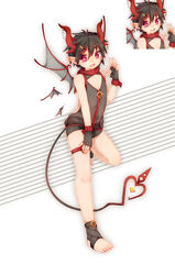  1boy black_hair demon_boy earrings eyuzi_i feet fingerless_gloves full_body gloves hair_between_eyes highres jewelry looking_at_viewer male_focus oerba_yun_fang original pink_eyes pointy_ears skin_fang smile solo wings 