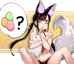  animal animal_ears bad_id bad_twitter_id bare_legs biting black_hair black_shorts chinese_clothes commentary dudou ear_biting easter_egg egg english_commentary facial_mark female flower fox_ears fox_girl fox_tail highres holding holding_animal hu-er_(robot_cat) knees_up long_hair looking_at_animal looking_down navel oerba_yun_fang orange_eyes original purple_flower rabbit robot_cat_(robotcatart) short_shorts shorts sidelocks sitting solo spread_legs stomach tail thick_eyebrows twintails whisker_markings 