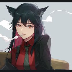  animal_ears arknights artist_name black_border black_hair black_jacket black_necktie border breasts cigarette collared_shirt colored_inner_hair commentary dated earrings eyebrows_hidden_by_hair female formal grey_background hoop_earrings ian_olympia jacket jewelry long_hair long_sleeves looking_to_the_side medium_breasts multicolored_hair necktie off_shoulder official_alternate_costume orange_eyes pink_hair red_shirt sanpaku shirt sidelocks simple_background sitting smoke smoking solo suit suspenders texas_(arknights) texas_(willpower)_(arknights) tsurime two-tone_hair upper_body wing_collar wolf_ears wolf_girl 