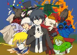  6+boys bad_id bad_pixiv_id black_hair blonde_hair blood bug cape coat coffin colored_skin darren_shan desmond_tiny dual_persona evra_von formal green_skin grey_skin harkat_mulds hat hibernius_tall high_collar hyakkuri kurda_smahlt larten_crepsley long_hair madam_octa male_focus monster_boy multiple_boys murlough necktie outstretched_arms platinum_blonde_hair red_eyes red_hair scales scar scar_on_cheek scar_on_face short_hair smile snake spider steve_leonard stitched_face stitches suit the_saga_of_darren_shan top_hat vampire wolf wolfman_(the_saga_of_darren_shan) 