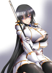  aiguillette black_bra black_hair black_pantyhose black_shirt blood blood_in_mouth blood_on_clothes blue_eyes blue_necktie blunt_bangs bra breasts cuts epaulettes female gold_trim highres ikaruga_(senran_kagura) injury large_breasts long_hair looking_at_viewer military military_uniform necktie ootachi pantyhose ryona senran_kagura shirt solo suga_leon sweat torn_clothes torn_pantyhose underwear uniform very_long_hair white_uniform 