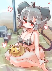  absurdres animal_ears beach beach_towel beach_umbrella bikini blush breasts cleavage daruia_(sabitare) day female grey_hair highres looking_at_viewer mouse_ears mouse_tail navel nazrin outdoors red_eyes short_hair smile swimsuit tail toramaru_shou toramaru_shou_(tiger) touhou towel umbrella 