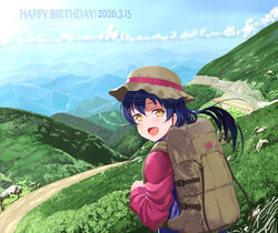  backpack bag blue_hair cloud dated day female hair_between_eyes happy_birthday hat jyon long_hair looking_at_viewer looking_back love_live! love_live!_school_idol_project mountain mountainous_horizon open_mouth outdoors sky sonoda_umi yellow_eyes 