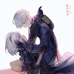  1boy 2b_(nier:automata) 9s_(nier:automata) artist_name backpack bag black_choker black_gloves black_hairband blue_eyes blush choker closed_mouth crying dated feather_trim female gloves green_bag grey_background hairband hand_on_another&#039;s_face holding holding_person kim_hana kneeling looking_at_another nier:automata nier_(series) parted_lips photoshop_(medium) puffy_sleeves short_hair signature tears white_hair 