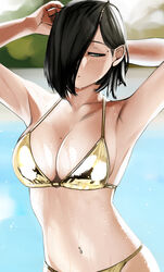  absurdres armpits arms_behind_head bikini black_hair breasts cleavage female green_eyes hair_over_one_eye halterneck highres kamura_(rain_prophet) navel original outdoors pupi_(rain_prophet) short_hair solo standing stomach string_bikini swimsuit upper_body wet yellow_bikini 